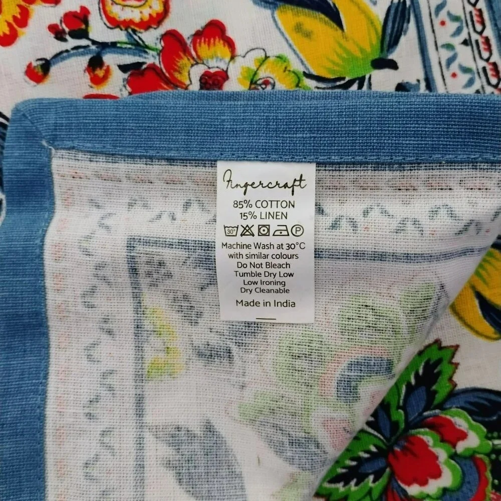 Linen Blend Floral Napkins, Set Of 4, Blue Border, Cotton Colorful Flowers 20x20